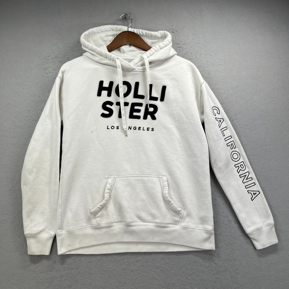 Hollister Hoodie Mens M White Los Angeles California Graphic Pullover Fleece Y2K
